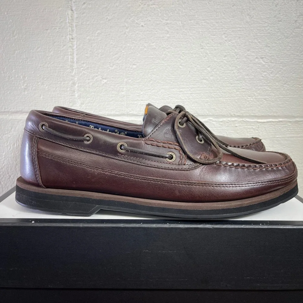 Timberland 55596 Brown Leather Boat Shoes Moc Toe Loafers Slip On Men's 12 M